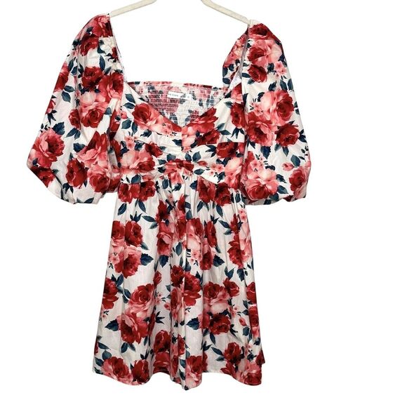 Altar'd State Dress Small Cyndella Puff Sleeve Cutout Mini Boho Floral Roses - Picture 1 of 9